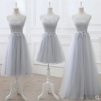 Кружевные платья подружек невесты трапециевидной формы в 3 стилях, простой стиль, Дешевое свадебное платье для гостей из серого тюля, vestido madrinha DQG243