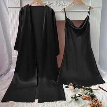 Черный комплект халатов Женское длинное Кимоно Халат Атласная ночная рубашка Сексуальное ночное платье сорочка с принтом Ночная рубашка Леди Новый халат