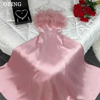 Элегантное Розовое платье для выпускного вечера трапециевидной формы без бретелек с перьями, Вечерние платья чайной длины для официальных мероприятий, Vestidos Para Mujer