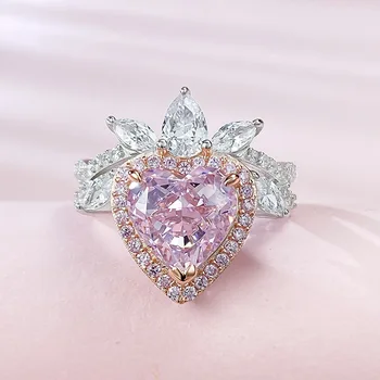 S925 Серебряное кольцо с розовым бриллиантом с высоким содержанием углерода 9 * 9 в форме любви для женской моды, Универсальная ежедневная Оптовая продажа
