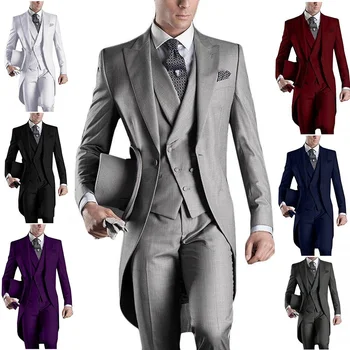 Сшитый на заказ Белый/черный/серый/бордовый фрак Для мужчин, костюмы жениха для выпускного вечера, свадебные смокинги, куртка + брюки + жилет