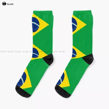 Носки с Флагом Бразилии Персонализированные Изготовленные На Заказ Унисекс Носки Для Взрослых Подростков И Молодежи С Цифровой Печатью 360 ° На Заказ Подарочная Уличная Одежда