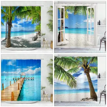 Приморский пейзаж, Занавеска для душа в ванной, Тропический океан, пляж, листья пальм, Моющиеся занавески для душа, полиэфирная ткань, домашний декор