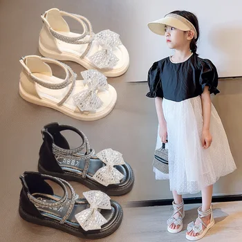 Босоножки для девочек, модные босоножки принцессы начальной школы с бантом и стразами, детские туфли на плоской подошве с застежкой сзади, повседневная детская обувь в римском стиле