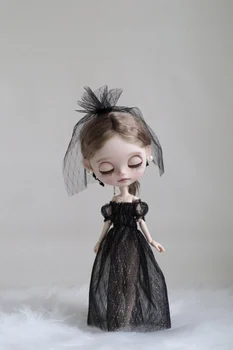 Кукольное платье Blythes 1/6 размера OB24, новое черное сетчатое сексуальное платье с открытыми плечами + черный головной убор, костюм-двойка для женщин