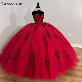 Красное бальное платье в виде сердечка, пышные платья для девочек, расшитые бисером платья для дня рождения, на шнуровке сзади, выпускной