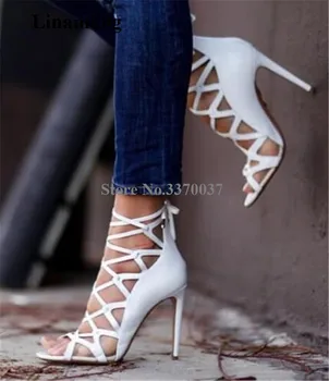 Новейшие женские элегантные модные сандалии-гладиаторы с открытым носком на шпильке, белые босоножки на высоком каблуке с перекрещивающимися ремешками, туфли на модельном каблуке