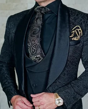 Мужской свадебный костюм 2024 Итальянского дизайна, Изготовленный На Заказ Черный Смокинг Для курения, Комплект из 3 предметов (пальто, Жилет, брюки), Мужской костюм Жениха Терно