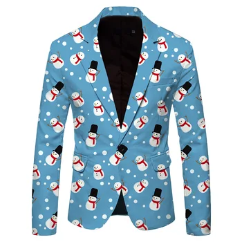 Мужская мода для отдыха на одной пуговице с рождественским принтом Карманные пуговицы Куртка с длинным рукавом Пиджак смокинг в виде пингвина