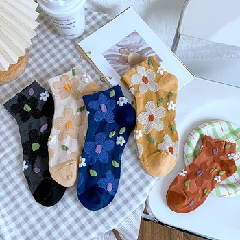 2 Пары летних носков с японской вышивкой в цветочек Harajuku, милые тонкие впитывающие пот Дышащие весенние повседневные носки и носки до щиколоток