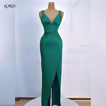 Вечерние платья LORIE Green с V-образным вырезом и разрезом сбоку, плиссированное вечернее платье из атласа 