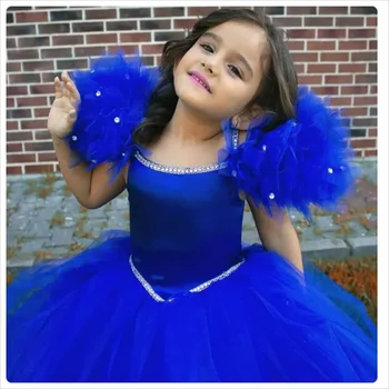 Королевский синий платье девушки цветка Принцесса бисером пышные рукава ребенок девочка день рождения свадьба выпускного вечера праздничное платье