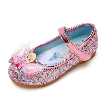 Замороженная принцесса Эльза; Детские кожаные сандалии; Повседневная обувь с бантом для девочек; Блестящие детские сандалии на плоской подошве; Обувь для девочек с бабочкой и узлом;