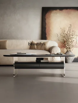 Итальянский минималистичный журнальный столик на акриловой подвеске для маленькой квартиры, дизайнерский журнальный столик с каменной плитой High Sense