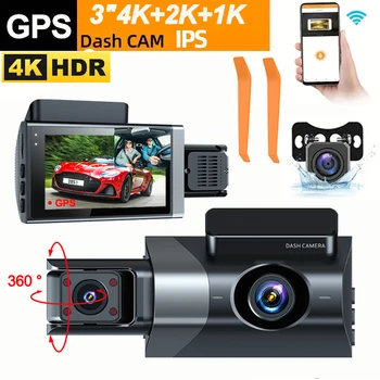 Видеорегистратор 4K для автомобилей GPS 3-линзовый автомобильный видеорегистратор Камера переднего и заднего вида для автомобиля WIFI Видеомагнитофон Парковочный монитор Аксессуары для автомобилей