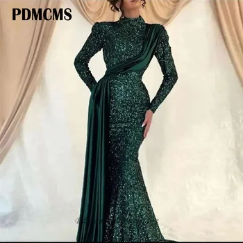 PDMCMS Элегантное Зеленое мусульманское платье Русалки для женщин Dubai Night с высоким воротом, расшитое блестками, с длинными рукавами, вечерние платья для выпускного вечера