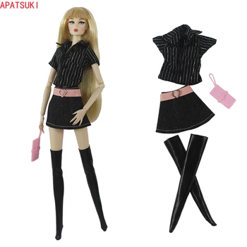 Черный комплект модной одежды для кукол Барби, рубашка в полоску, короткие юбки, чулки, сумочка для аксессуаров для кукол 1/6 BJD, детская игрушка 