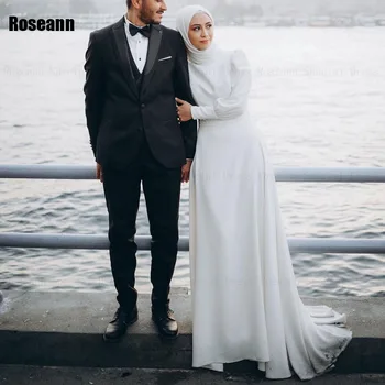 Мусульманские Свадебные Платья трапециевидной формы С Высоким воротом 2024 года, Вертикально Задрапированные Складки Длиной До пола, Платье Невесты Со Шлейфом robe de mariée