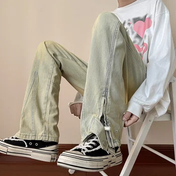 Большие размеры 5XL-M, осенние Новые модные джинсовые брюки на молнии для мужчин, одежда 2024, распродажа винтажных повседневных прямых джинсовых брюк
