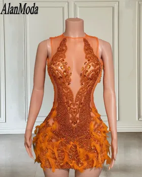 Оранжевые платья для выпускного вечера, расшитое хрусталем платье Русалки на день рождения для женщин, роскошное праздничное платье с перьями на молнии 2023 года, Vestidos De Gala