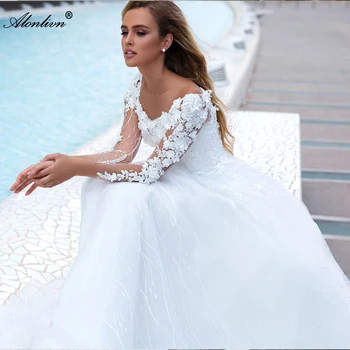 Alonlivn Очаровательные свадебные платья трапециевидной формы с вырезом лодочкой, пышные рукава с 3D цветами, юбки невесты с открытыми плечами