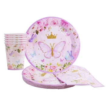 Набор одноразовой посуды с розово-голубой бабочкой, бумажные тарелки, стаканчики для вечеринки по случаю дня рождения, посуда для семейного сбора