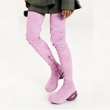 Розовые сапоги выше колена на платформе, стрейчевые женские зимние ботинки 2023, Черная молния сбоку, круглый носок, Модная сексуальная женская обувь