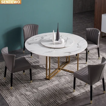 Дизайнерская роскошная круглая столовая с мраморной плитой и обеденным столом из 6 стульев esstisch furniture meuble из нержавеющей стали с золотой основой