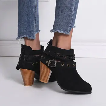 Модные женские ботинки, повседневная женская обувь, модные ботинки с пряжкой, Замшевые кожаные ботинки с пряжкой, зимние ботинки на высоком каблуке и молнии