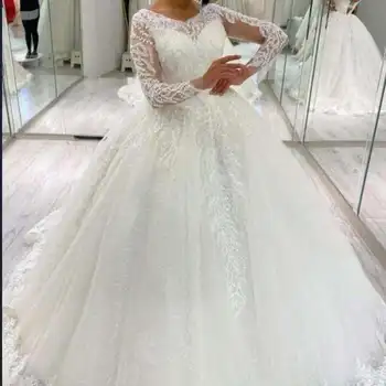 Реальное фото Роскошные аппликации, кружево, длинный рукав, расшитый бисером, V-образный вырез, плюс размер, бальное платье в виде хвоста, свадебное платье