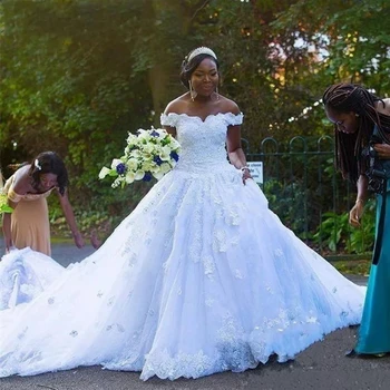 Пышные свадебные платья с открытыми плечами, бальное платье, белое свадебное платье невесты с длинным шлейфом, сшитое на заказ, Vestido De Novia для женщин