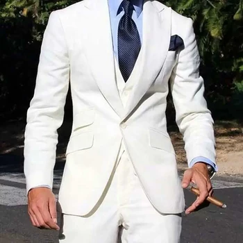 Белые свадебные костюмы для мужчин, приталенная модная куртка-тройка, брюки, жилет, сшитый на заказ, повседневный выпускной вечер, Terno Hombres