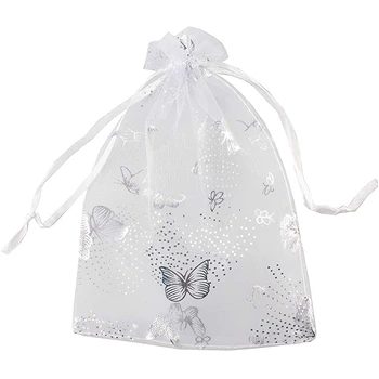 100шт 9x12 см Бабочка из органзы Подарочный мешочек для ювелирных изделий, мешочек для конфет, свадебные сумки на шнурке, белый