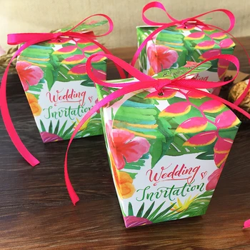 30 Шт. Креативное Красивое приглашение на свадьбу с цветочным принтом, подарочная коробка из зеленой бумаги в форме трапеции