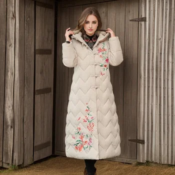 Женское длинное хлопковое пальто с вышивкой с капюшоном 2024, зимнее женское утолщенное теплое стеганое пальто, женский пуховик, пальто