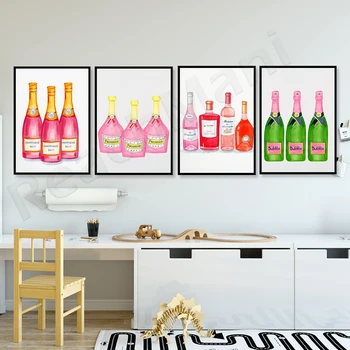 Принт в виде шампанского, бутылка розового вина, бутылка шампанского, бокал для шампанского, современное минималистское искусство, плакат для украшения стен из шампанского