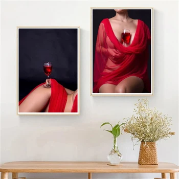 Модная сексуальная леди, настенное искусство для вина, Красное платье, девушка, холст, плакаты и принты, красивые женские фотографии, Эстетичный домашний декор