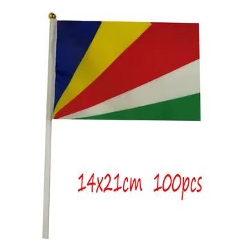 ZXZ ручной флаг Сейшельских островов, 100шт, двусторонняя печать из полиэстера 14*21 см, флаг Сейшельских островов SC, развевающийся вручную, с пластиковым флагштоком