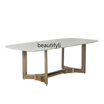 Легкий роскошный обеденный стол в итальянском стиле, простой круглый стол в скандинавском стиле, обеденный стол из нержавеющей стали, мраморный стол для дома