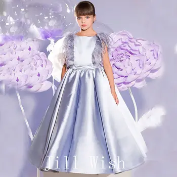Jill Wish Роскошное Элегантное Серебряное платье в цветочек для девочек, расшитое бисером и перьями, одежда принцессы для детей, свадьба, День рождения, театрализованное представление J137