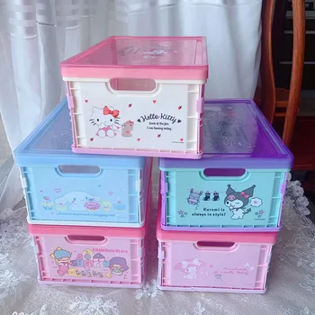 Мультяшная Складная Коробка Для Хранения Косметики Sanrioed Melody Kuromi Cinnamoroll Kittys Пластиковая с Крышкой Пылезащитный Настольный Органайзер