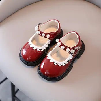 Новая Кожаная обувь Для девочек, Простые Кружевные бусы, Модная Детская Повседневная Обувь С круглым носком, Детские Лоферы Принцессы, Стильная Весенняя Обувь Для малышей