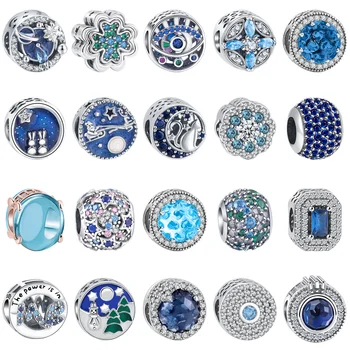 100% Стерлинговое серебро 925 Пробы Синие сверкающие Выровненные Прямоугольные круглые подвески Бусины Подходят к оригинальным браслетам Pandora Charms и ювелирным изделиям