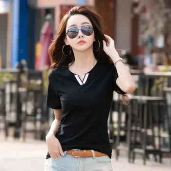 Летняя модная тонкая футболка с V-образным вырезом и коротким рукавом женская GRAY22