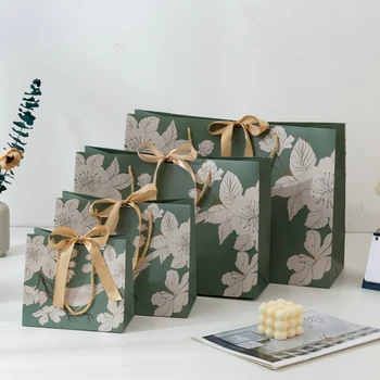 Модный подарочный пакет из зеленой бумаги с бантом, ювелирные изделия, одежда, книги, картонная упаковка с желтой ручкой, Рождественский подарочный пакет