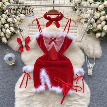 2024 Новый Год, Рождественский Комплект Красного Платья, Женское Облегающее Сексуальное Короткое Вечернее Платье на Бретельках Navidad, Пушистое Модное Мини-Платье