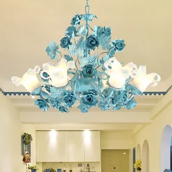 Пасторальная лампа в скандинавском стиле в гостиной, светодиодная люстра для гостиной с голубой розой, лампа для спальни, лампа для учебы