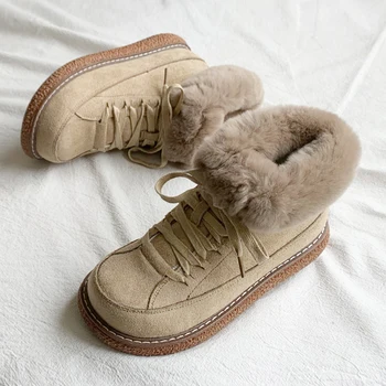Зимние ботинки 2023 года, новые зимние женские нескользящие ботильоны на толстом меху, теплая хлопчатобумажная обувь на шнуровке
