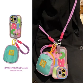 Милый розовый нейлоновый чехол для телефона с ремешком через плечо для iPhone 14 13 12 11 Pro Max в Корейском стиле, карман для сумки на коротком ремешке, Противоударный мягкий чехол