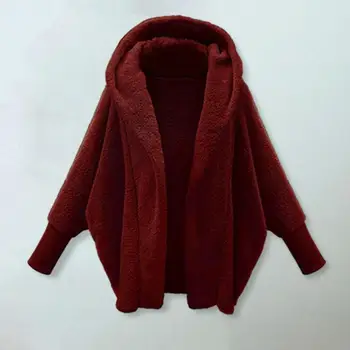 Осенне-зимнее плюшевое пальто Уютное женское плюшевое пальто с капюшоном, длинный рукав, открытая передняя часть, однотонная флисовая куртка на осень / зиму
